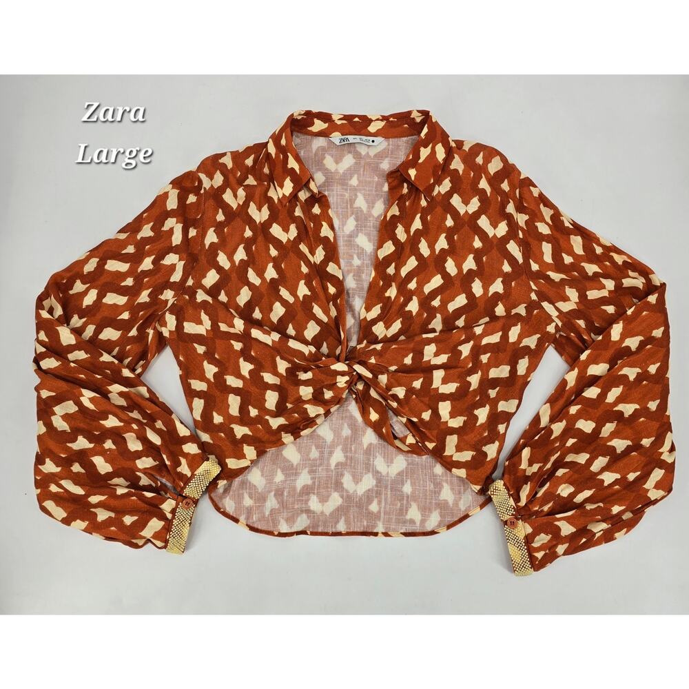Zara Terracotta Linen Blend Twist Front Crop Top Beaded Cuffs Boho Resort Size L